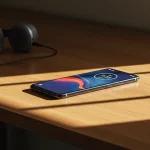 Fx Motorola Edge 60 Fusion 5G smartphone photographed on a modern wooden desk with soft daylight premium lifestyle look 2