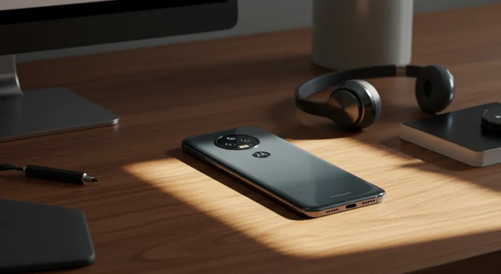 Fx Motorola Edge 60 Fusion 5G smartphone photographed on a modern wooden desk with soft daylight premium lifestyle look 3