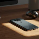 Fx Motorola Edge 60 Fusion 5G smartphone photographed on a modern wooden desk with soft daylight premium lifestyle look 3