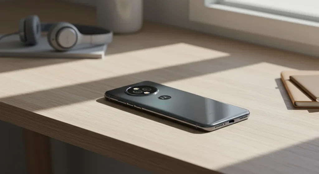 Fx Motorola Edge 60 Fusion 5G smartphone photographed on a modern wooden desk with soft daylight premium lifestyle look 4