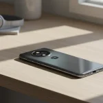 Fx Motorola Edge 60 Fusion 5G smartphone photographed on a modern wooden desk with soft daylight premium lifestyle look 4