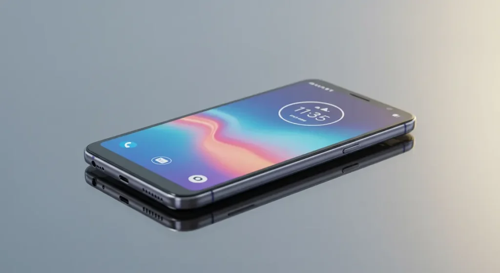 Fx Motorola Edge 60 Fusion 5G smartphone placed on glass surface with clear reflections professional product photo 1