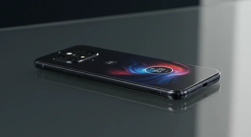 Fx Motorola Edge 60 Fusion 5G smartphone placed on glass surface with clear reflections professional product photo 3