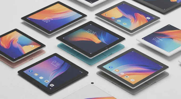 Fx Multiple Xiaomi Mi Pad tablets arranged in a geometric pattern on a white surface showing different color variants and viewing angles 1