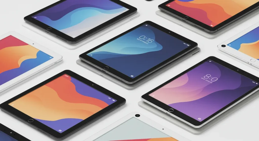 Fx Multiple Xiaomi Mi Pad tablets arranged in a geometric pattern on a white surface showing different color variants and viewing angles 2