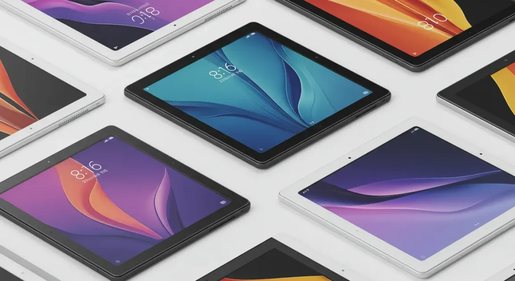 Fx Multiple Xiaomi Mi Pad tablets arranged in a geometric pattern on a white surface showing different color variants and viewing angles 3