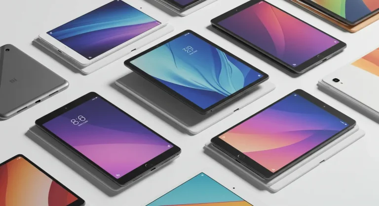 Fx Multiple Xiaomi Mi Pad tablets arranged in a geometric pattern on a white surface showing different color variants and viewing angles 4