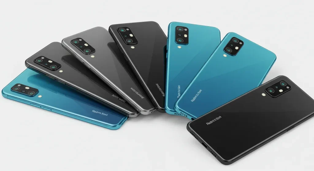 Fx Multiple Xiaomi Redmi Note 13 Pro Plus 5G phones in different colors arranged in a fan pattern professional product photography with clean white background 1