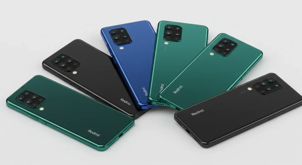 Fx Multiple Xiaomi Redmi Note 13 Pro Plus 5G phones in different colors arranged in a fan pattern professional product photography with clean white background 3