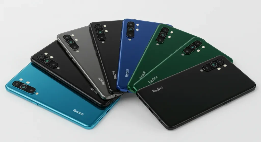 Fx Multiple Xiaomi Redmi Note 13 Pro Plus 5G phones in different colors arranged in a fan pattern professional product photography with clean white background 4