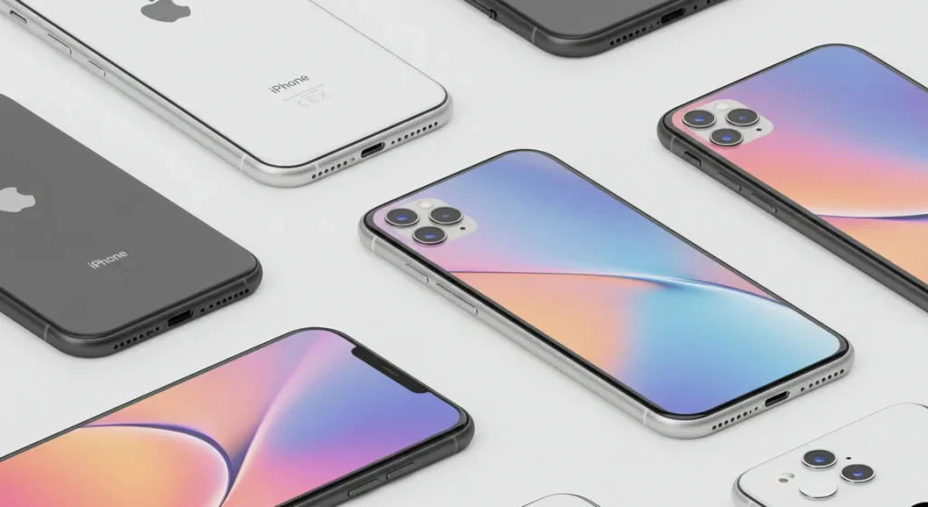 Fx Multiple iPhone 16e devices arranged in artistic composition different angles showcasing design elements minimalist white background luxury product photography 2