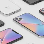 Fx Multiple iPhone 16e devices arranged in artistic composition different angles showcasing design elements minimalist white background luxury product photography 2