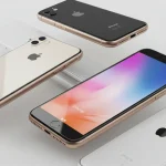 Fx Multiple iPhone 16e devices arranged in artistic composition different angles showcasing design elements minimalist white background luxury product photography 3