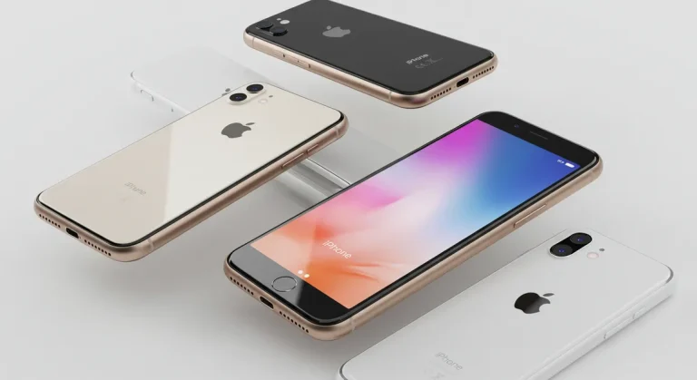 Fx Multiple iPhone 16e devices arranged in artistic composition different angles showcasing design elements minimalist white background luxury product photography 3