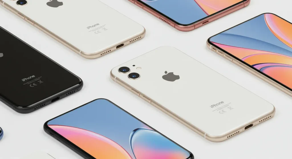 Fx Multiple iPhone 16e devices arranged in artistic composition different angles showcasing design elements minimalist white background luxury product photography 4