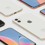 Fx Multiple iPhone 16e devices arranged in artistic composition different angles showcasing design elements minimalist white background luxury product photography 4