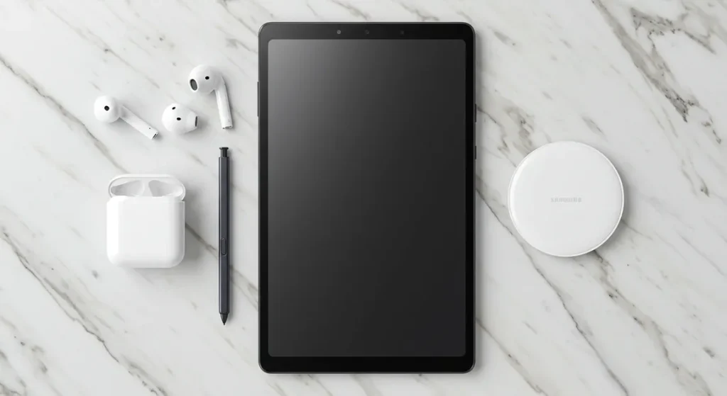 Fx Overhead flat lay photography of Samsung Galaxy Tab S10 FE with S Pen and wireless accessories on marble surface 1
