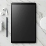 Fx Overhead flat lay photography of Samsung Galaxy Tab S10 FE with S Pen and wireless accessories on marble surface 1