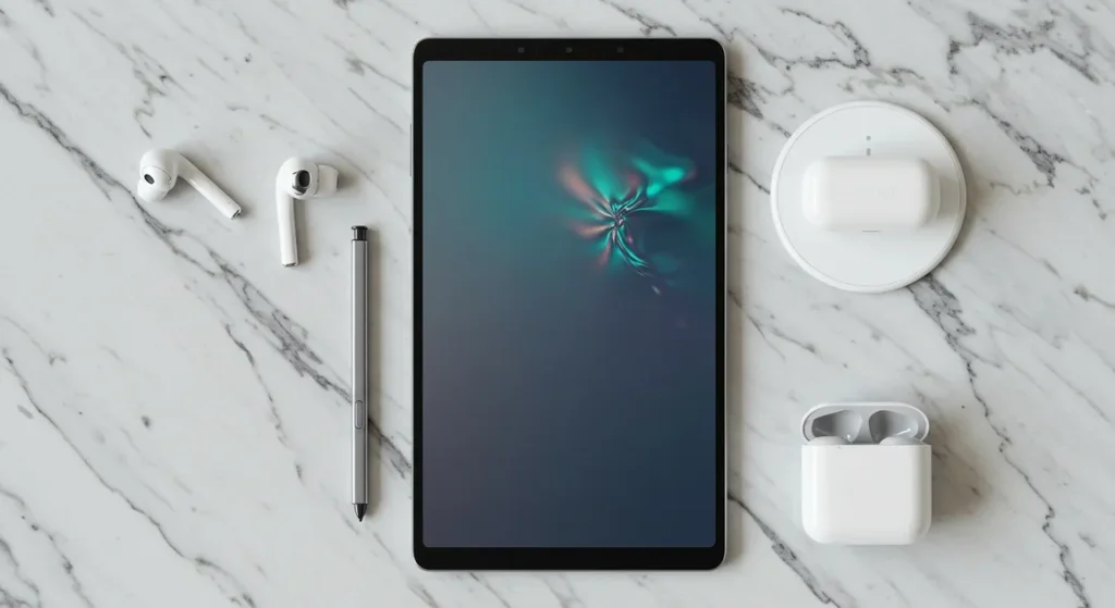 Fx Overhead flat lay photography of Samsung Galaxy Tab S10 FE with S Pen and wireless accessories on marble surface 2