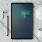 Fx Overhead flat lay photography of Samsung Galaxy Tab S10 FE with S Pen and wireless accessories on marble surface 2
