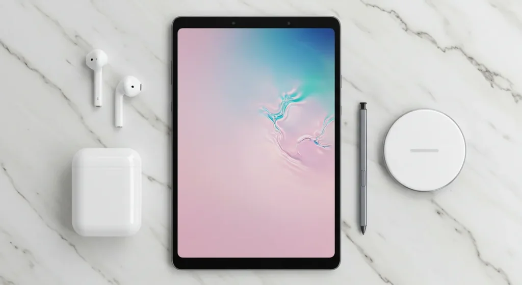 Fx Overhead flat lay photography of Samsung Galaxy Tab S10 FE with S Pen and wireless accessories on marble surface 3
