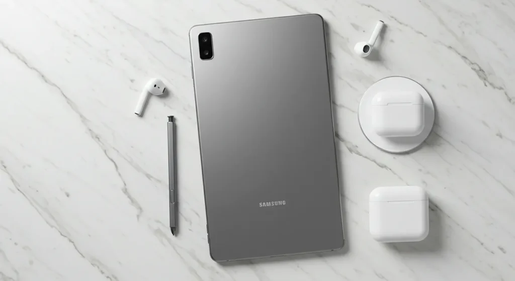 Fx Overhead flat lay photography of Samsung Galaxy Tab S10 FE with S Pen and wireless accessories on marble surface 4