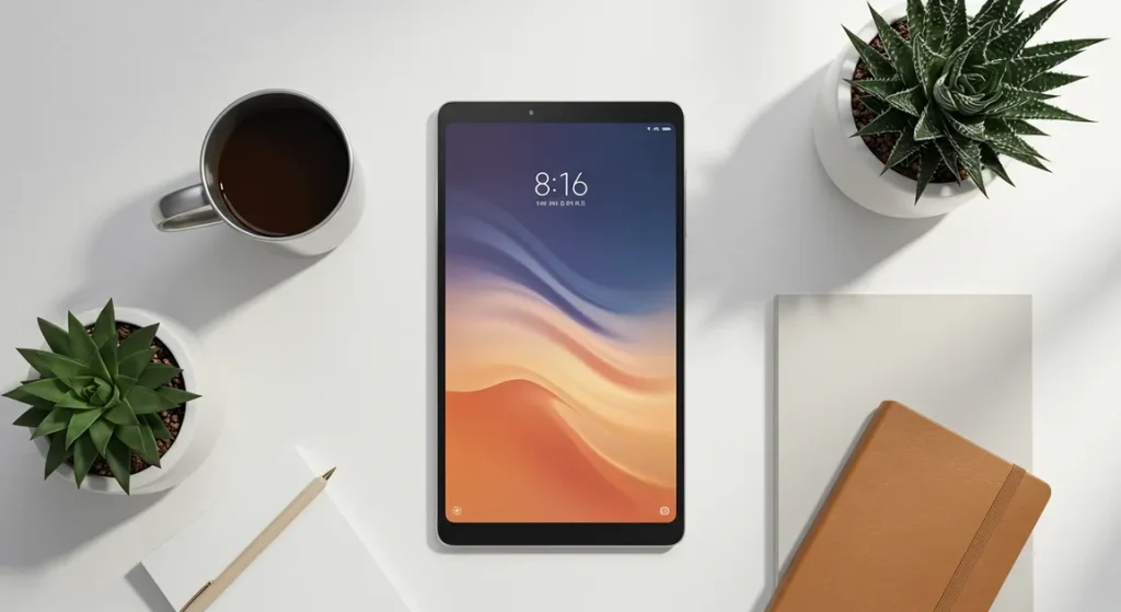 Fx Overhead shot of a Xiaomi Mi Pad surrounded by modern lifestyle objects like coffee cup notebook and succulent plants 1