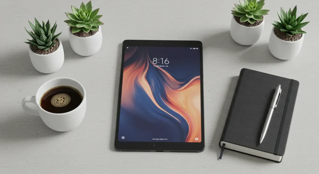 Fx Overhead shot of a Xiaomi Mi Pad surrounded by modern lifestyle objects like coffee cup notebook and succulent plants 2