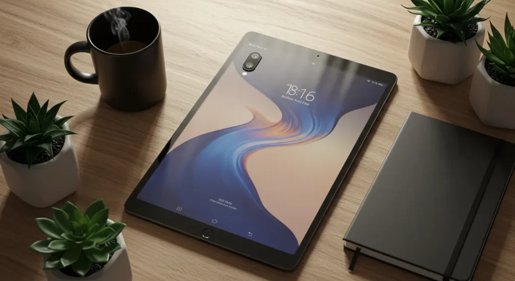 Fx Overhead shot of a Xiaomi Mi Pad surrounded by modern lifestyle objects like coffee cup notebook and succulent plants 3