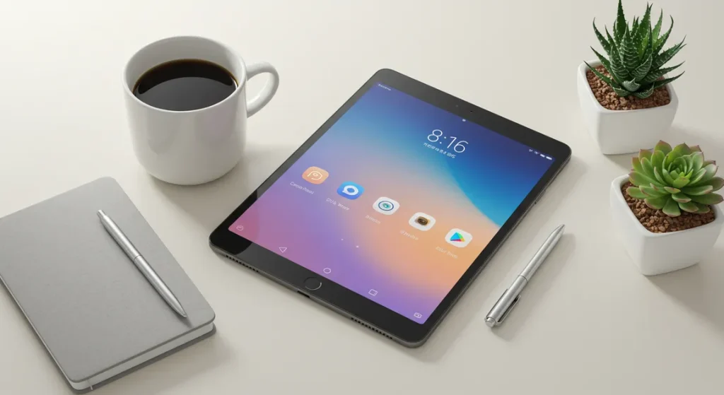 Fx Overhead shot of a Xiaomi Mi Pad surrounded by modern lifestyle objects like coffee cup notebook and succulent plants 4