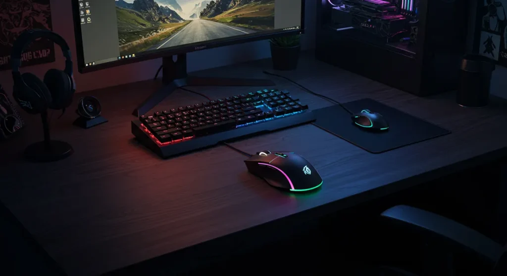 Fx Overhead view of a Redragon Cobra Pro gaming mouse on a gaming desk setup RGB lighting illuminated realistic gaming environment 1