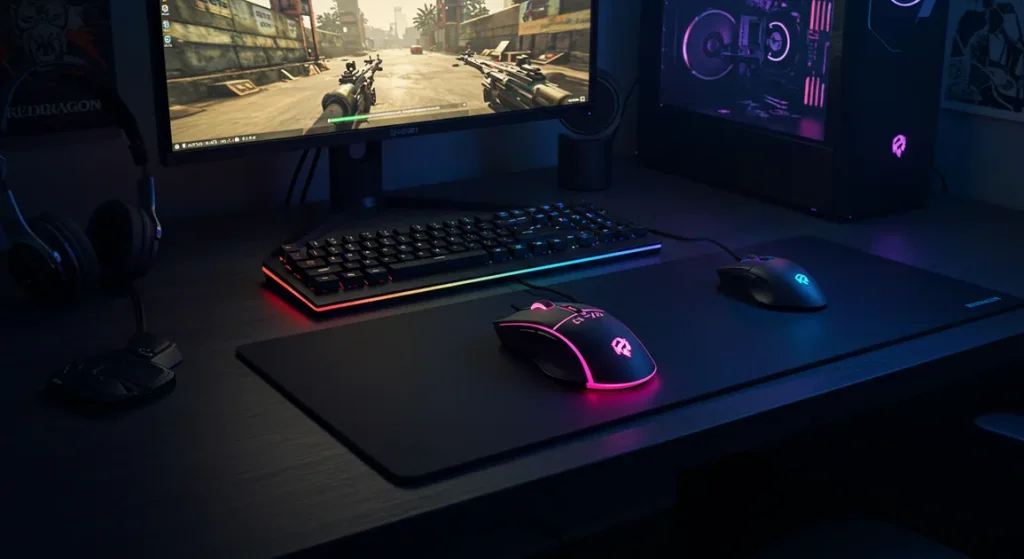 Fx Overhead view of a Redragon Cobra Pro gaming mouse on a gaming desk setup RGB lighting illuminated realistic gaming environment 2