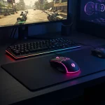 Fx Overhead view of a Redragon Cobra Pro gaming mouse on a gaming desk setup RGB lighting illuminated realistic gaming environment 2
