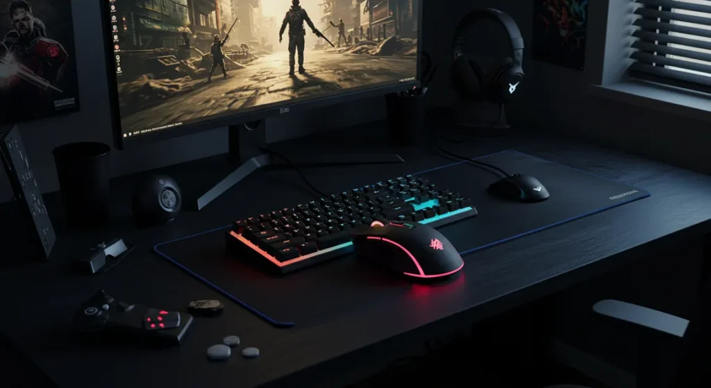 Fx Overhead view of a Redragon Cobra Pro gaming mouse on a gaming desk setup RGB lighting illuminated realistic gaming environment 3