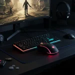 Fx Overhead view of a Redragon Cobra Pro gaming mouse on a gaming desk setup RGB lighting illuminated realistic gaming environment 3