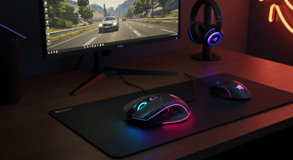 Fx Overhead view of a Redragon Cobra Pro gaming mouse on a gaming desk setup RGB lighting illuminated realistic gaming environment 4