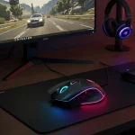 Fx Overhead view of a Redragon Cobra Pro gaming mouse on a gaming desk setup RGB lighting illuminated realistic gaming environment 4