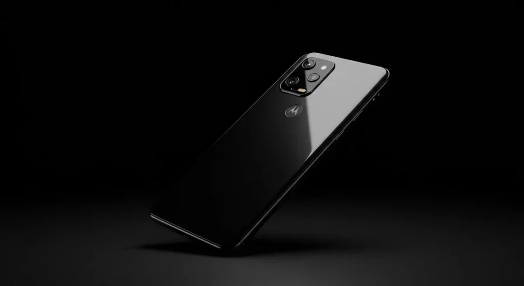 Fx Premium dark studio shot of Motorola Edge 60 Fusion 5G angled view dramatic lighting glossy finish 3