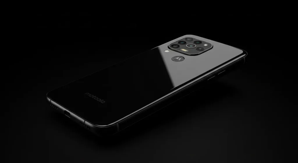 Fx Premium dark studio shot of Motorola Edge 60 Fusion 5G angled view dramatic lighting glossy finish 4