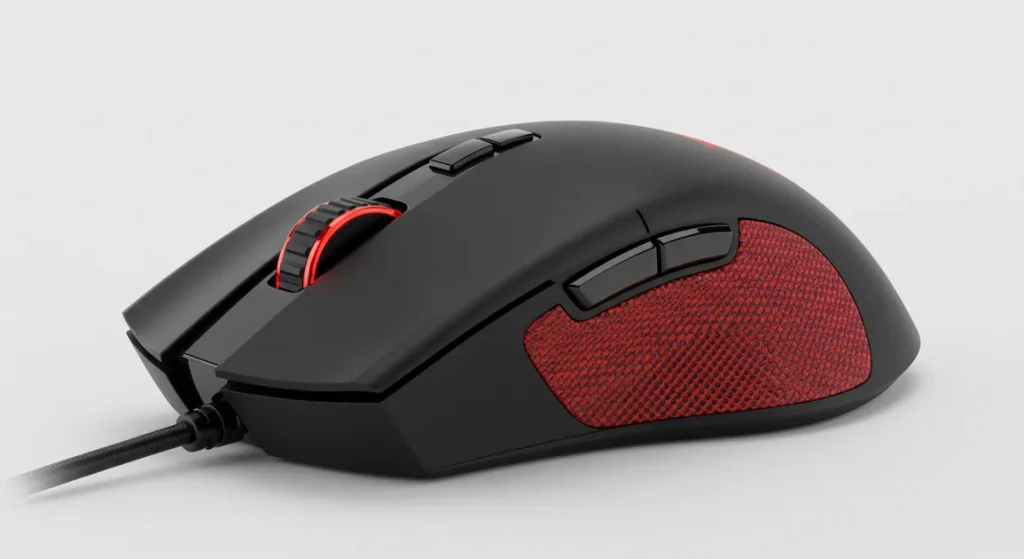 Fx Product photography of a Redragon Cobra Pro gaming mouse positioned at 45 degree angle showcasing the ergonomic design and textured side grips studio lighting 1