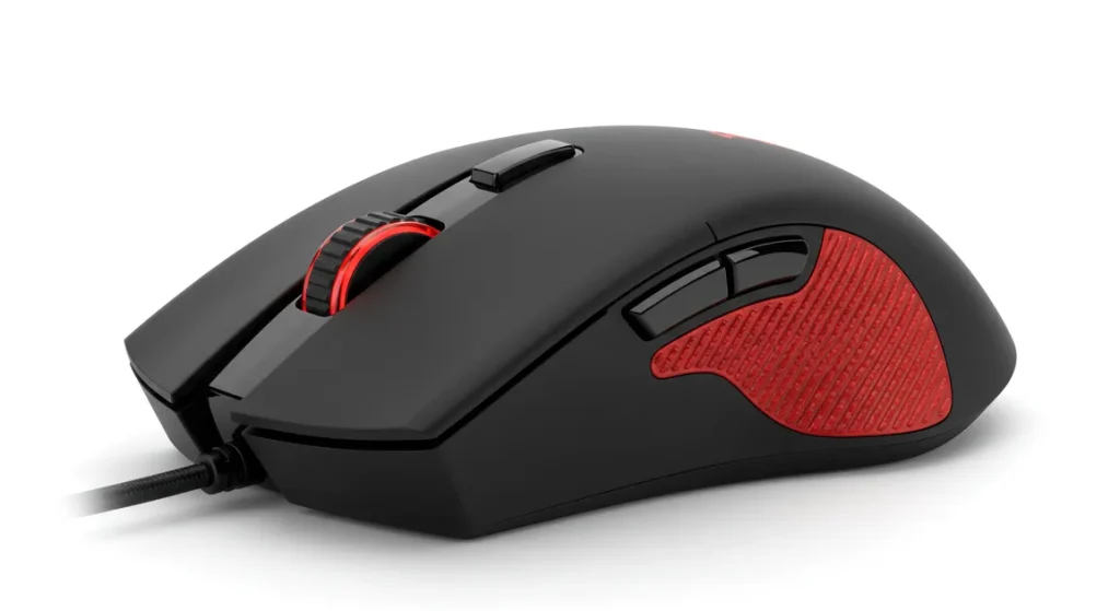 Fx Product photography of a Redragon Cobra Pro gaming mouse positioned at 45 degree angle showcasing the ergonomic design and textured side grips studio lighting 2