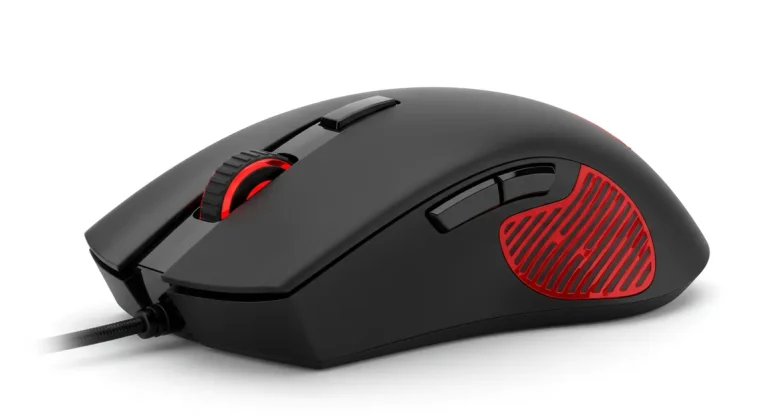 Fx Product photography of a Redragon Cobra Pro gaming mouse positioned at 45 degree angle showcasing the ergonomic design and textured side grips studio lighting 3