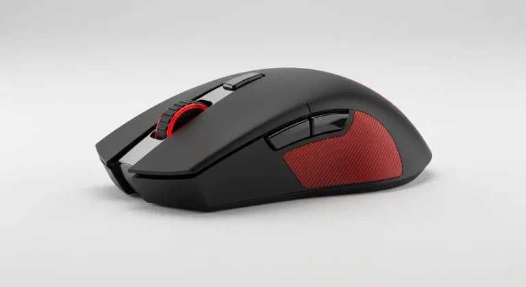 Fx Product photography of a Redragon Cobra Pro gaming mouse positioned at 45 degree angle showcasing the ergonomic design and textured side grips studio lighting 4