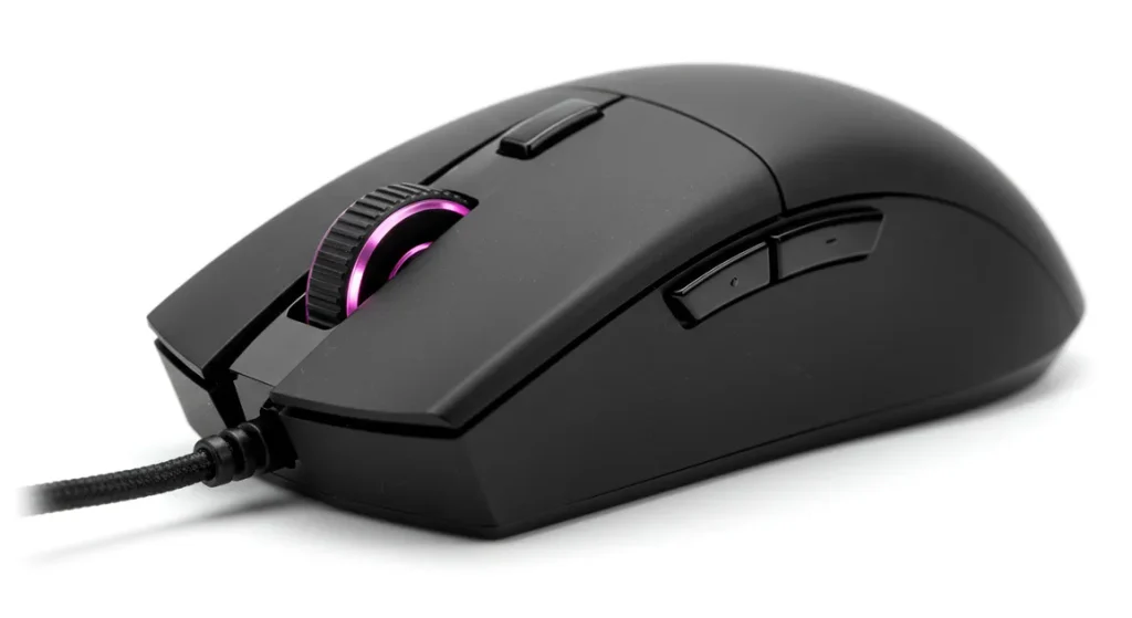 Fx Professional macro shot focusing on the scroll wheel and DPI buttons of a Redragon Cobra Pro gaming mouse ultra sharp detail clean background 3