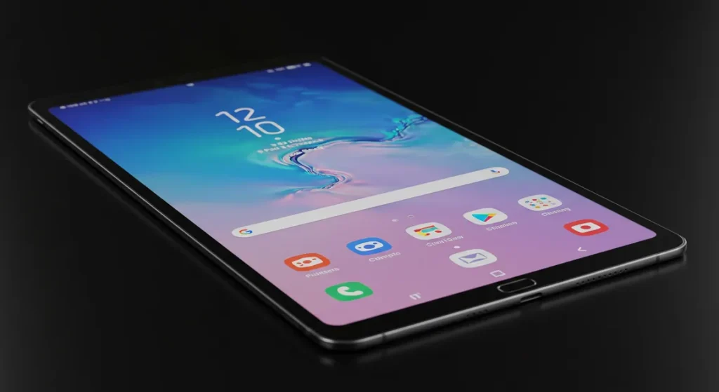 Fx Professional product shot of Samsung Galaxy Tab S10 FE with subtle reflections on glossy black surface 3