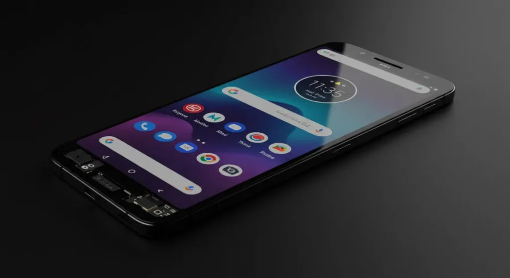 Fx Professional studio lighting capturing Motorola Edge 60 Fusion 5G lying flat with screen reflections ultra sharp 4