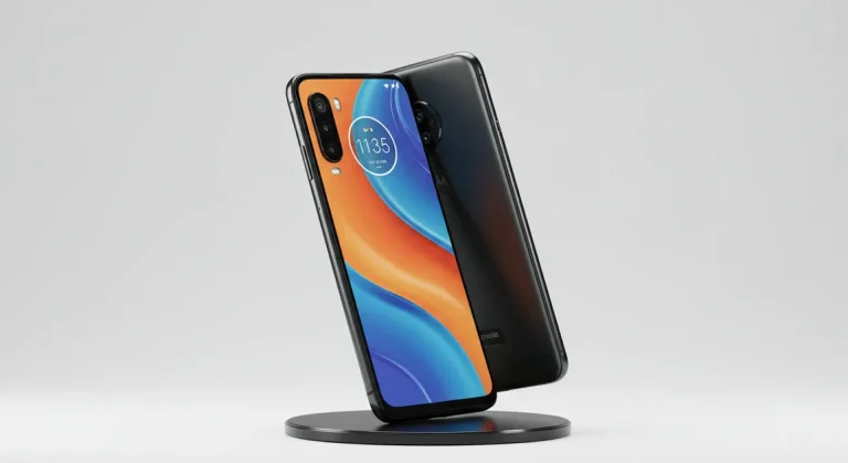 Fx Professional studio shot of Motorola Edge 60 Fusion 5G rotating angle showing both front screen and back design ultra detailed 1