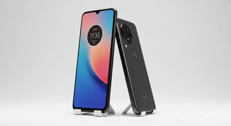 Fx Professional studio shot of Motorola Edge 60 Fusion 5G rotating angle showing both front screen and back design ultra detailed 2