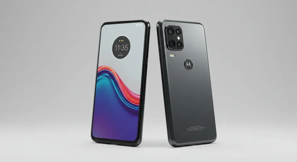 Fx Professional studio shot of Motorola Edge 60 Fusion 5G rotating angle showing both front screen and back design ultra detailed 4