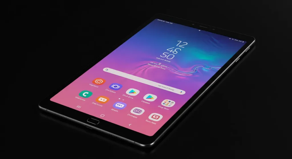 Fx Professional studio shot of Samsung Galaxy Tab S10 FE displaying colorful interface with soft rim lighting 1